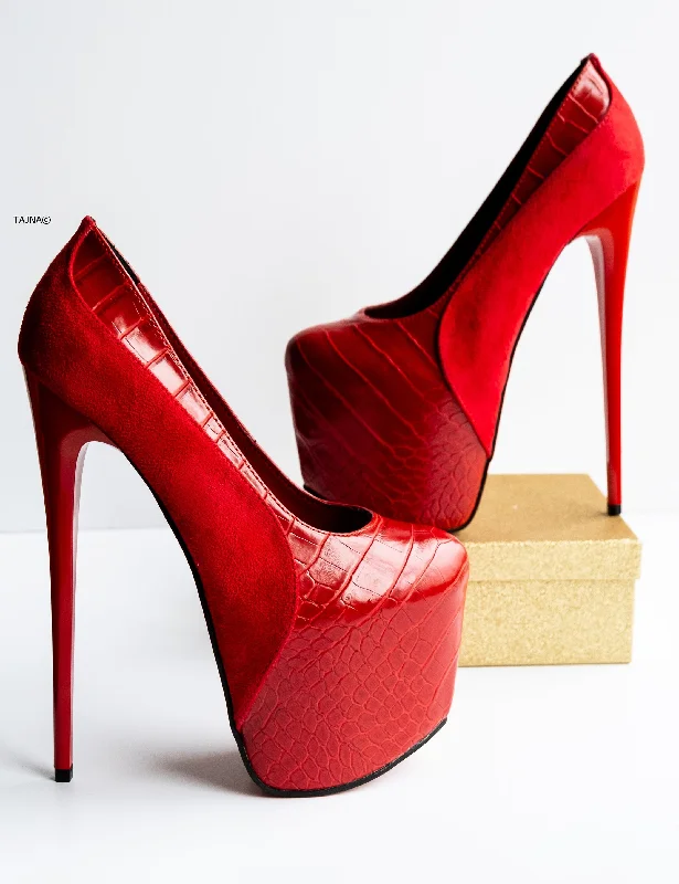 Women's mustard yellow stiletto heel pumps for a trendy pop of colorRed Suede Croco Detail High Heel Pumps Women's mustard yellow stiletto heel pumps for a trendy pop of colorRed Suede Croco Detail High Heel Pumps