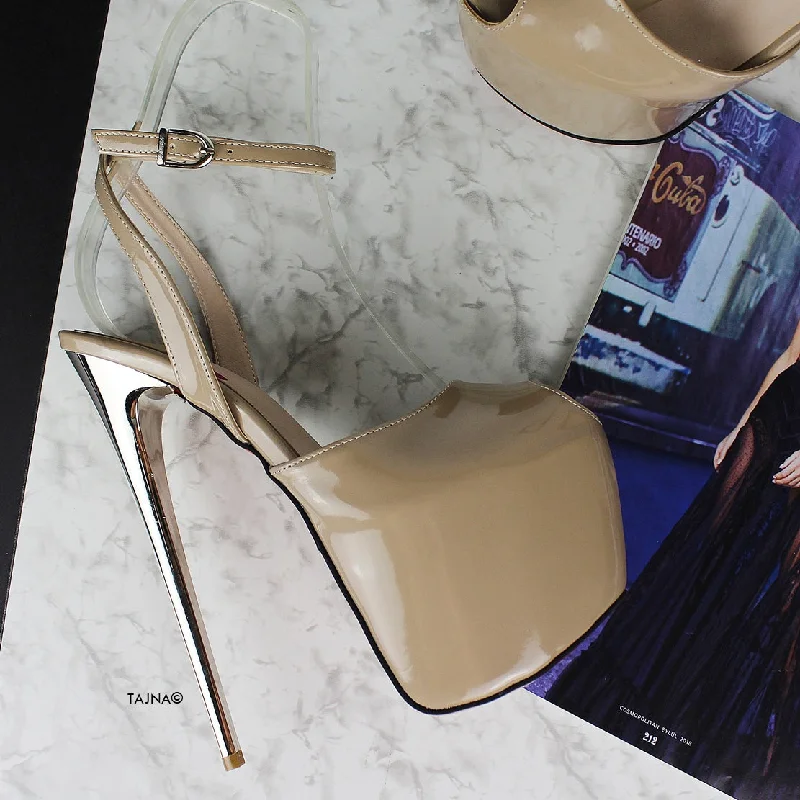 Women's party stiletto heel pumps with a glittery finishNude Beige Gloss Fishmouth Roman Heels