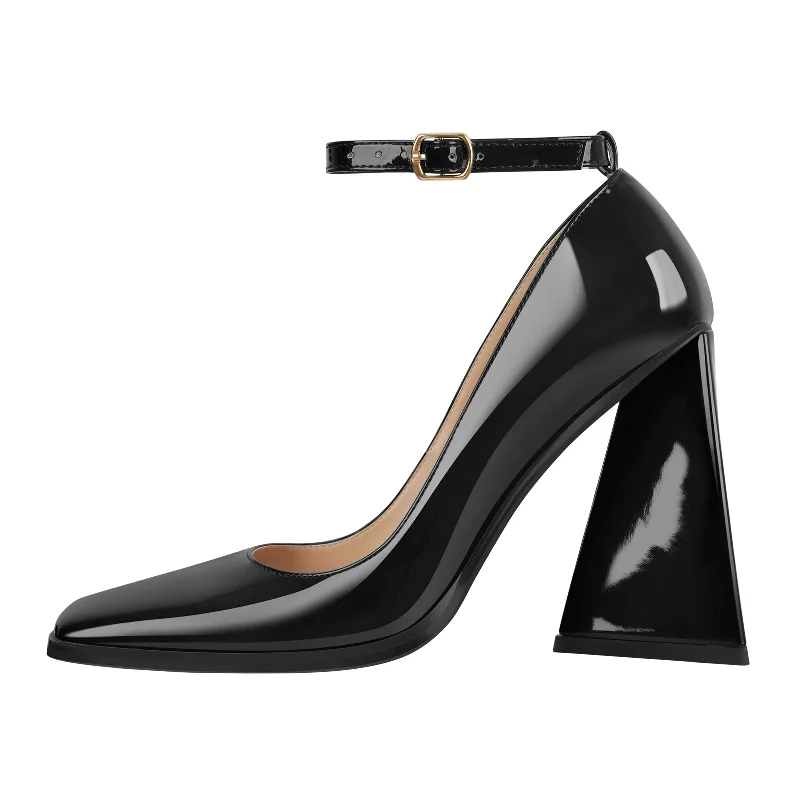 Women's holiday party stiletto heel pumps with a festive touchPatent Leather Ankle Strap Chunky High Heel Pumps Women's holiday party stiletto heel pumps with a festive touchPatent Leather Ankle Strap Chunky High Heel Pumps