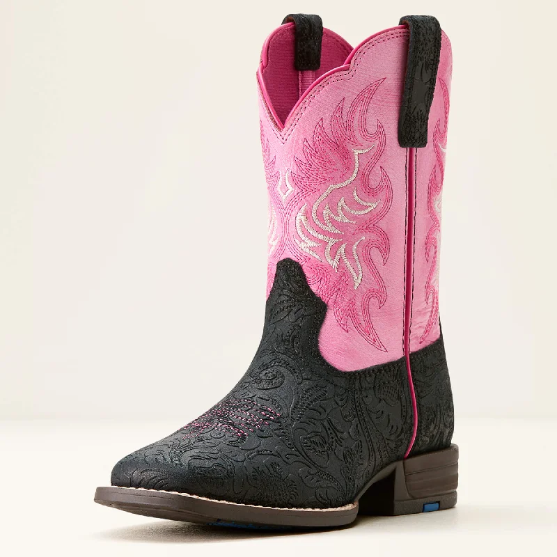 women's distressed cowboy bootsAriat Kid's Outrider Boot in Black Floral Emboss/ Painted Peony women's distressed cowboy bootsAriat Kid's Outrider Boot in Black Floral Emboss/ Painted Peony