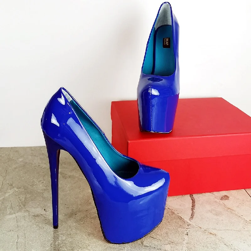 Women's cocktail party stiletto heel pumps with a unique patternSaxe Royal Electric Blue Patent High Heel Pumps