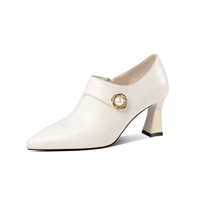 Women's metallic leather stiletto heel pumps with a reflective surfaceTinaCus Handmade Women's Genuine Leather Pearl Bamboo Grain Side Zipper Pointed Toe Mid Spool Heel Pumps