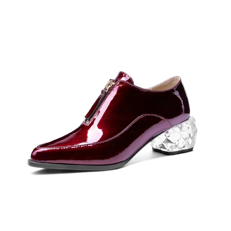 Women's lace - trimmed stiletto heel pumps with a scalloped edgeTinaCus Women's Glossy Patent Leather Handmade Clear Pointed Toe Chunky Heel Front Zip Pumps
