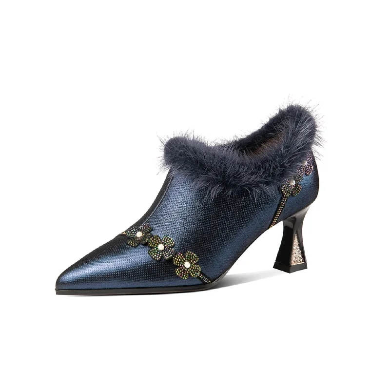 Women's velvet - covered stiletto heel pumps for a luxurious lookTinaCus Handmade Women's Genuine Leather Furry Floral Side Zip Pointed Toe Mid Spool Rhinestone Heel Pumps Women's velvet - covered stiletto heel pumps for a luxurious lookTinaCus Handmade Women's Genuine Leather Furry Floral Side Zip Pointed Toe Mid Spool Rhinestone Heel Pumps