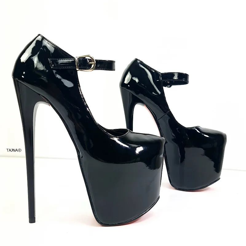 Women's ankle - strap stiletto heel pumps with a cut - out detailBlack Gloss Fetish Modern Mary Jane High Heels Women's ankle - strap stiletto heel pumps with a cut - out detailBlack Gloss Fetish Modern Mary Jane High Heels