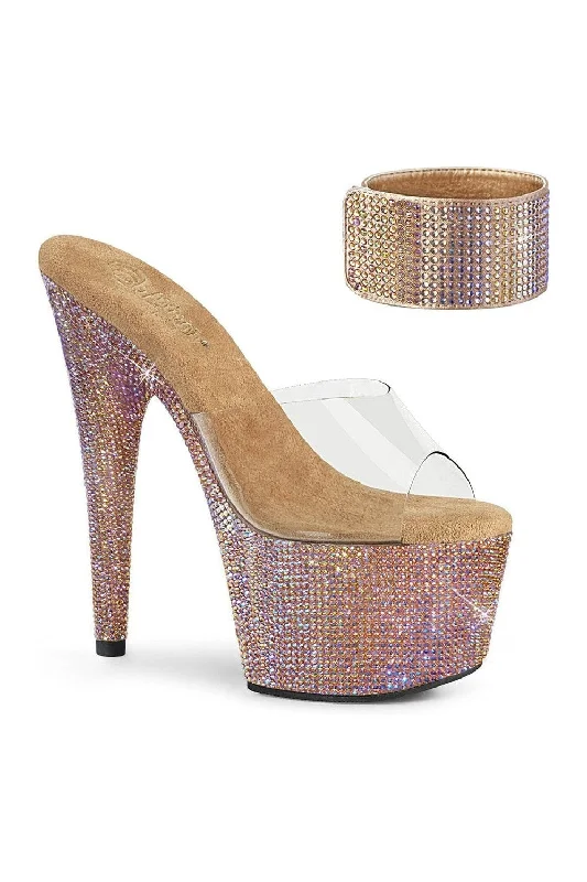 Women's Leather Heeled Sandals with Chunky Heel and Buckle Detail in Brown for a Rustic and Trendy AppealBEJEWELED-712RS Exotic Sandal | Rose Gold Vinyl Women's Leather Heeled Sandals with Chunky Heel and Buckle Detail in Brown for a Rustic and Trendy AppealBEJEWELED-712RS Exotic Sandal | Rose Gold Vinyl