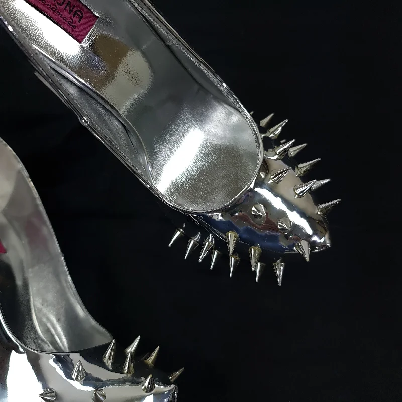 Women's water - resistant stiletto heel pumps for unexpected situationsSilver Mirror Spike Studded Fetish Heels Women's water - resistant stiletto heel pumps for unexpected situationsSilver Mirror Spike Studded Fetish Heels