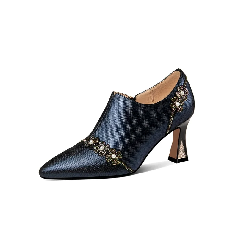 Women's wedding stiletto heel pumps with a pearl - encrusted strapTinaCus Handmade Women's Genuine Leather Rhinestones Pearls Flowers Side Zipper Pointed Toe Mid Spool Heel Pumps