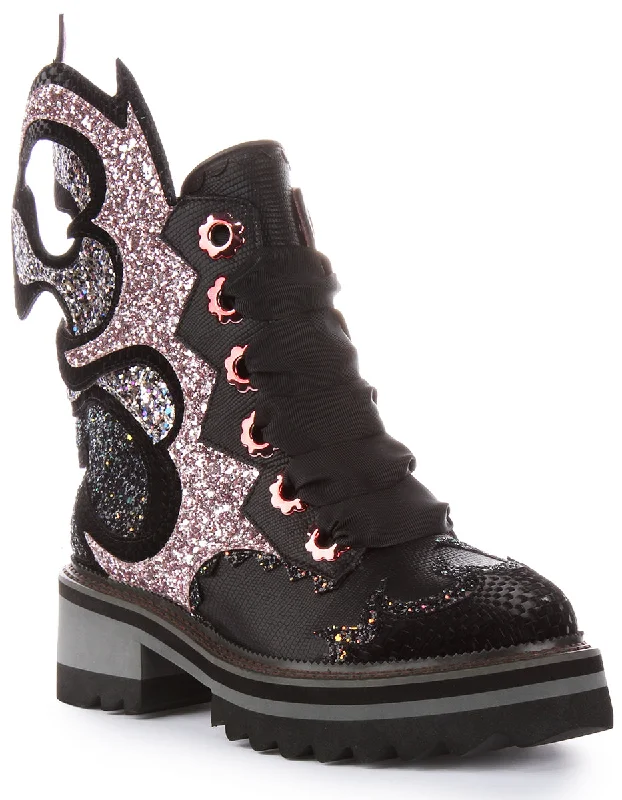 women's ankle boots with snakeskin printIrregular Choice Fyre Bug In Black Pink Glitter For Women women's ankle boots with snakeskin printIrregular Choice Fyre Bug In Black Pink Glitter For Women