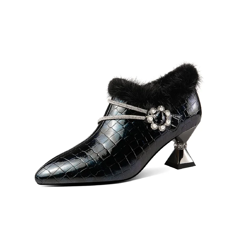 Women's lavender stiletto heel pumps for a delicate styleTinaCus Handmade Women's Patent Leather Furry Rhinestone Floral Side Zip Pointed Toe Mid Spool Heel Pumps