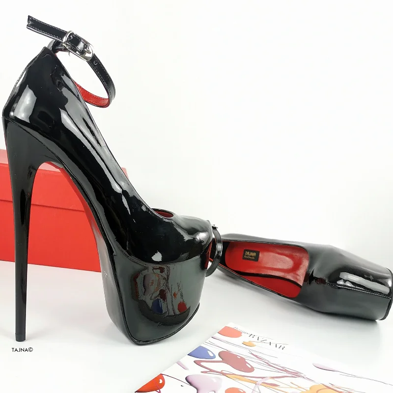 Women's charcoal gray stiletto heel pumps for a neutral yet stylish optionBlack Gloss Ankle Strap High Heels
