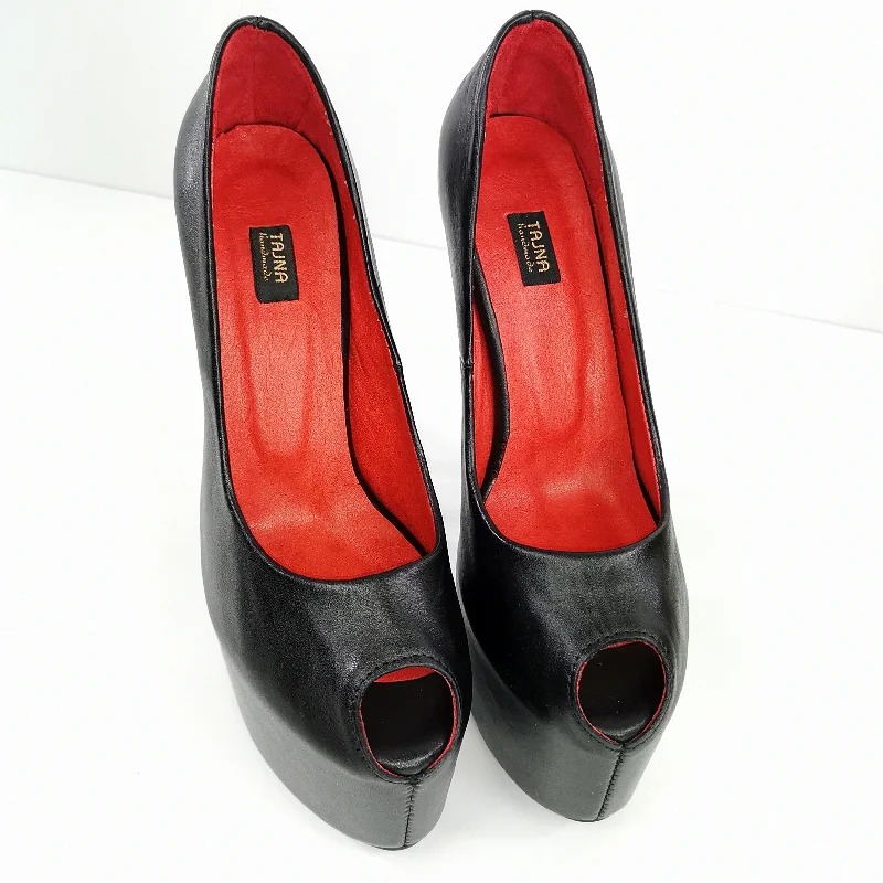 Women's burgundy stiletto heel pumps for a sophisticated appearanceGenuine Leather Black Fishmouth Toe Heels