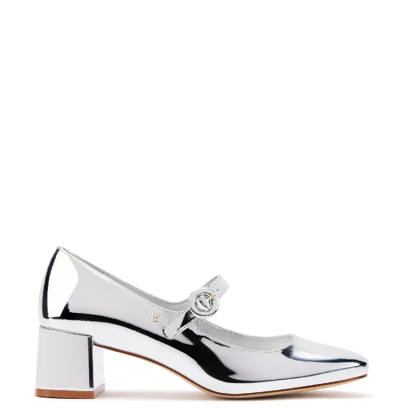 Women's genuine leather stiletto heel pumps with a soft finishBlair Block Pump In Silver Specchio Women's genuine leather stiletto heel pumps with a soft finishBlair Block Pump In Silver Specchio