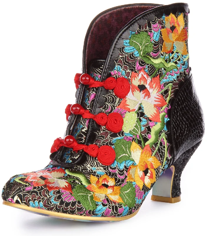 women's combat ankle bootsIrregular Choice Lotus Eater In Black Flower For Women