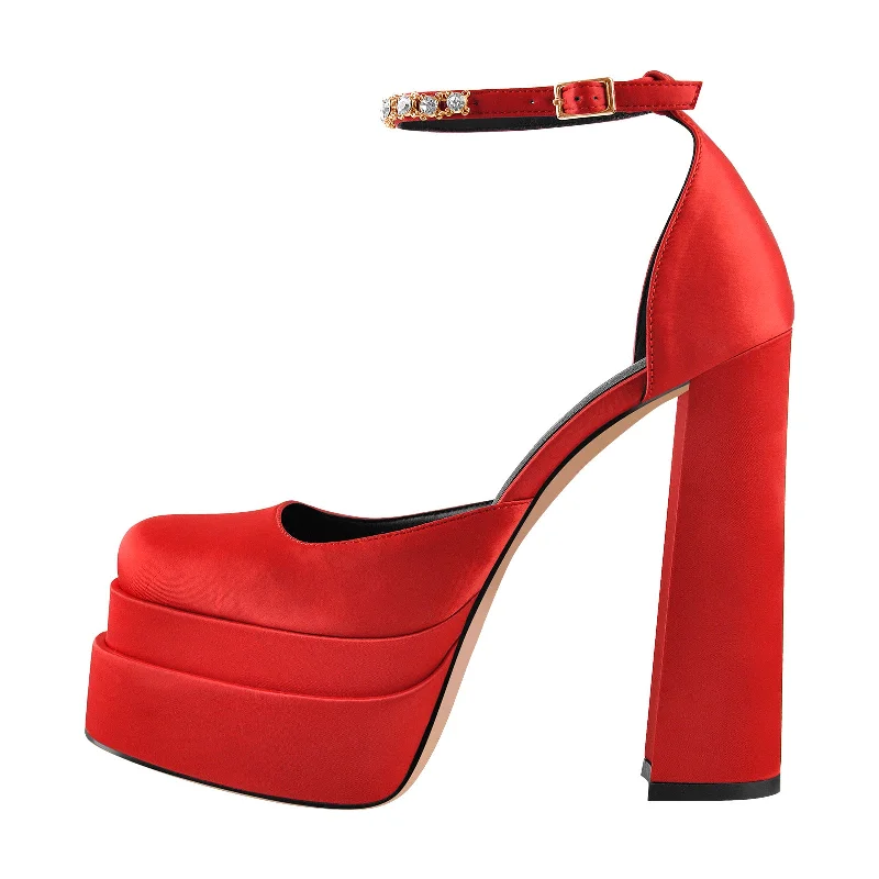 Women's stretchy stiletto heel pumps for easy on and offRed Rhinestone Double Platform Chunky Heel Pumps Women's stretchy stiletto heel pumps for easy on and offRed Rhinestone Double Platform Chunky Heel Pumps