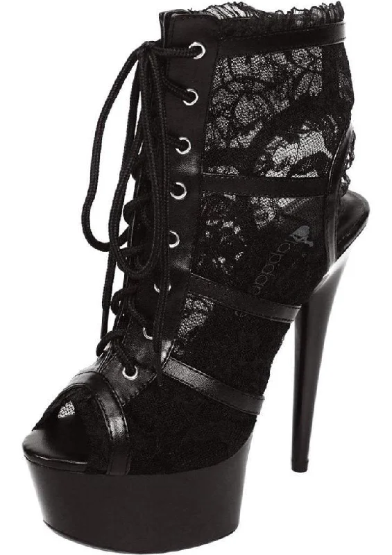 women's ankle boots with embroideryBlack Lace Open Toe Platform Ankle Bootie 6in Heel