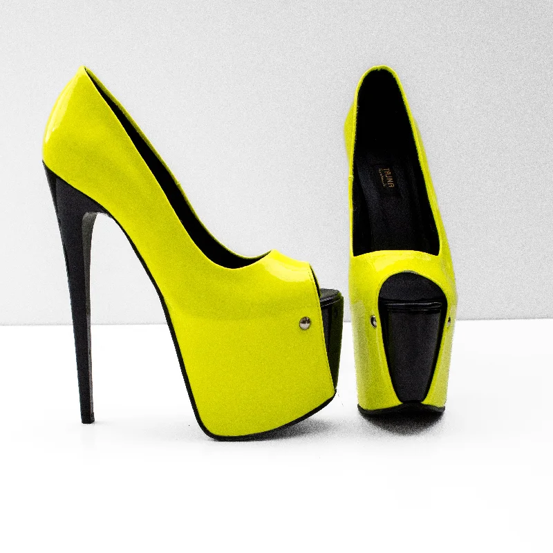 Women's business meeting stiletto heel pumps with a professional lookNeon Yellow Black Gloos Peep Toe Pumps Women's business meeting stiletto heel pumps with a professional lookNeon Yellow Black Gloos Peep Toe Pumps