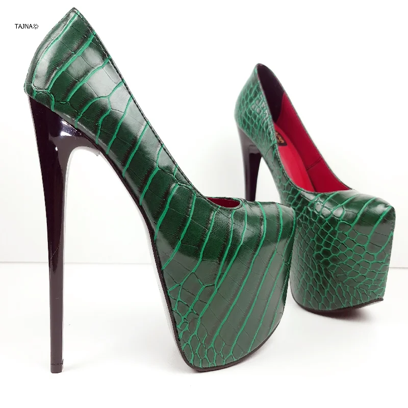 Women's cocktail party stiletto heel pumps with a unique patternGreen Croco Red Detail High Heel Pumps Women's cocktail party stiletto heel pumps with a unique patternGreen Croco Red Detail High Heel Pumps