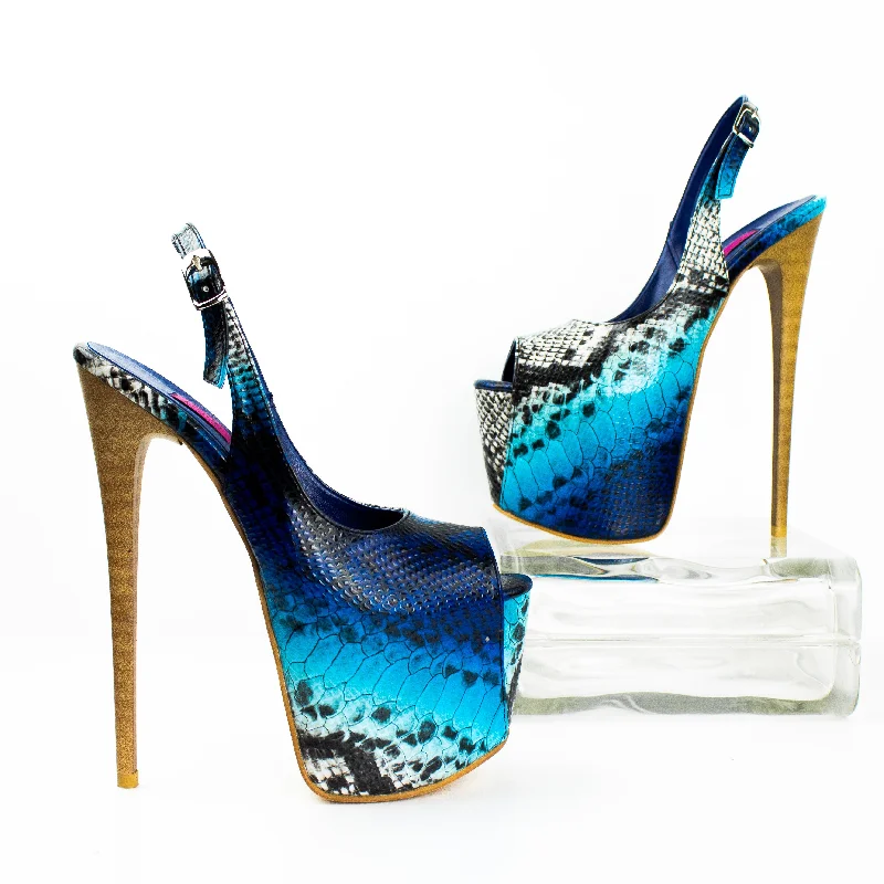 Women's lace - trimmed stiletto heel pumps with a scalloped edgeSnake Print Sling Back Blue High Heels