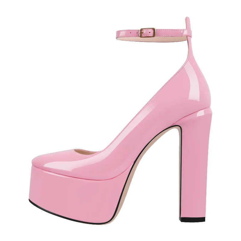 Women's stretchy stiletto heel pumps for easy on and offPlatform Chunky Heel Ankle Strap Pink Pumps Women's stretchy stiletto heel pumps for easy on and offPlatform Chunky Heel Ankle Strap Pink Pumps