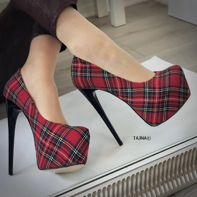 Women's wide - width stiletto heel pumps for a comfortable fitRed Tartan High Heel Pumps Women's wide - width stiletto heel pumps for a comfortable fitRed Tartan High Heel Pumps