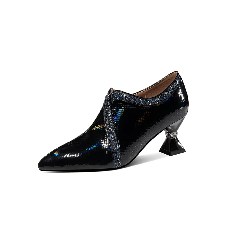Women's holiday party stiletto heel pumps with a festive touchTinaCus Handmade Women's Glossy Patent Leather Slip On Side Zipper Pointed Toe Low Spool Heel Pumps Shoes
