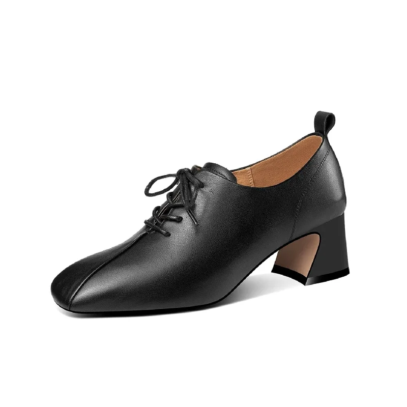 Women's mule - style stiletto heel pumps with a bow accentTinaCus Handmade Women's Genuine Leather Textured Square Toe Front Lace Up Low Chunky Heel Oxford Pumps