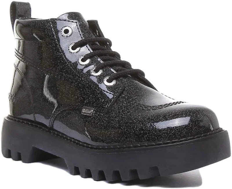 women's flat ankle bootsKickers Kizziie Hi Platform In Black Glitter Patent in UK Size 3 - 8