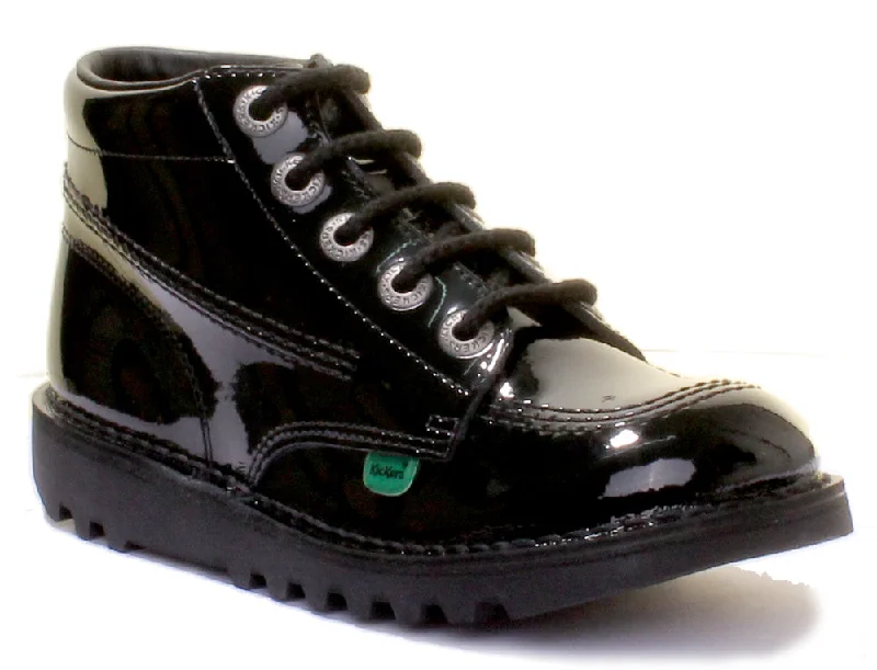 women's leather ankle bootsKickers Kick Hi Youth In Black Patent in Teen UK Size 3 - 6