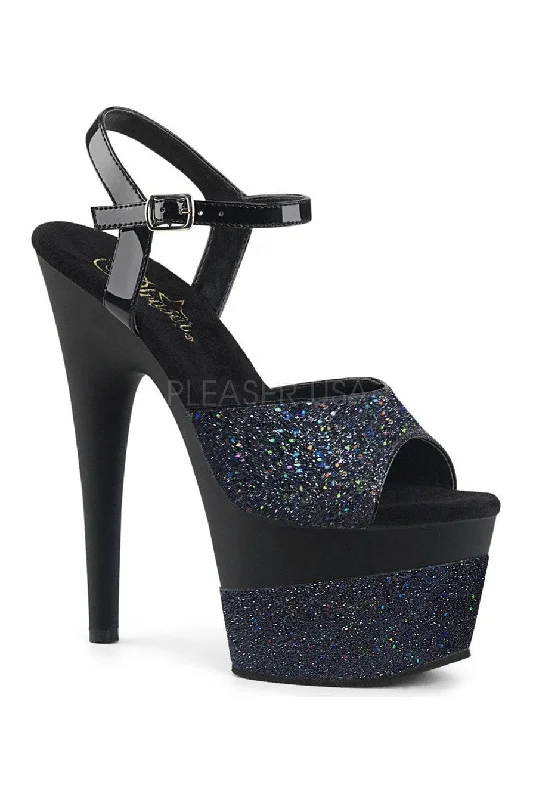 Plus Size Women's Gladiator - Style Heeled Sandals with Multiple Straps in Tan for a Boho - Inspired EnsembleADORE-709-2G Platform Sandal | Black Glitter Plus Size Women's Gladiator - Style Heeled Sandals with Multiple Straps in Tan for a Boho - Inspired EnsembleADORE-709-2G Platform Sandal | Black Glitter