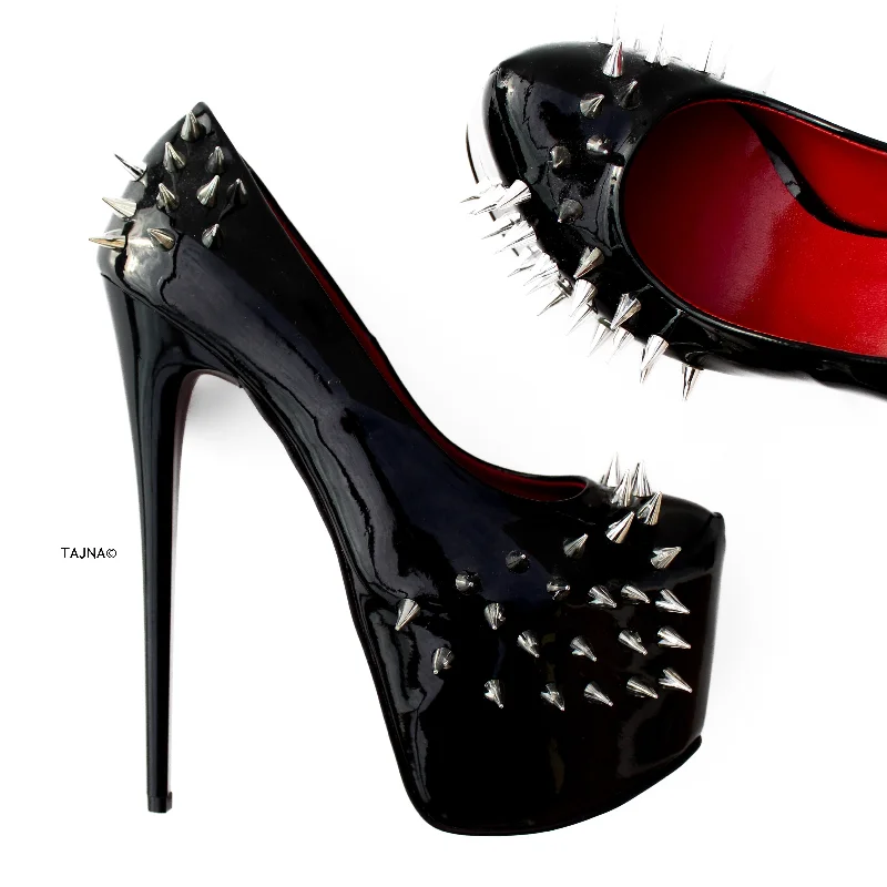 Women's strappy open - toe stiletto heel pumps with rhinestonesBlack Gloss Spike Studded Fetish Heels Women's strappy open - toe stiletto heel pumps with rhinestonesBlack Gloss Spike Studded Fetish Heels
