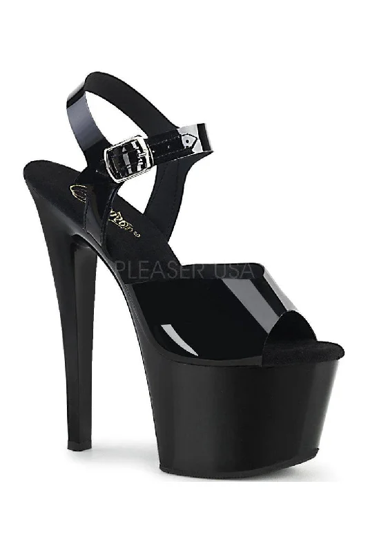 Women's Chunky Heeled Sandals with Studded Detail in Black for a Punk - Inspired and Edgy StyleSKY-308N Platform Sandal | Black Faux Leather Women's Chunky Heeled Sandals with Studded Detail in Black for a Punk - Inspired and Edgy StyleSKY-308N Platform Sandal | Black Faux Leather