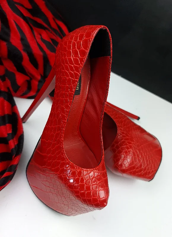 Women's breathable stiletto heel pumps for warm weatherRed Croco Classic High Heel Platform Pumps Women's breathable stiletto heel pumps for warm weatherRed Croco Classic High Heel Platform Pumps