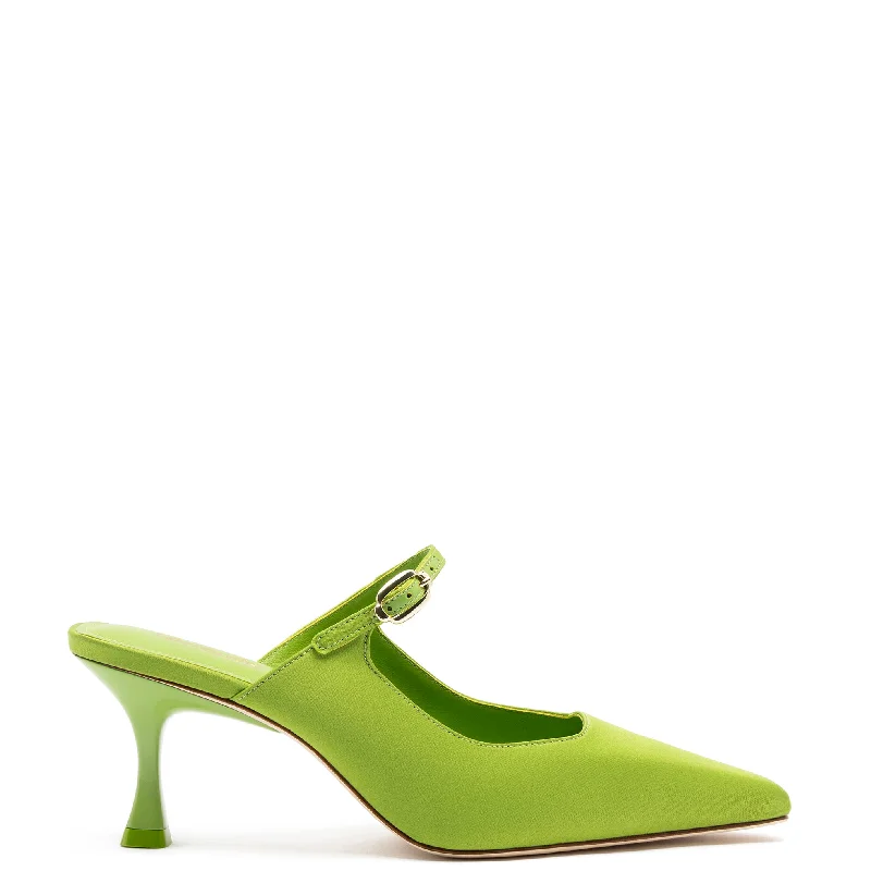 Women's cocktail party stiletto heel pumps with a unique patternInes Mule In Kiwi Satin Women's cocktail party stiletto heel pumps with a unique patternInes Mule In Kiwi Satin