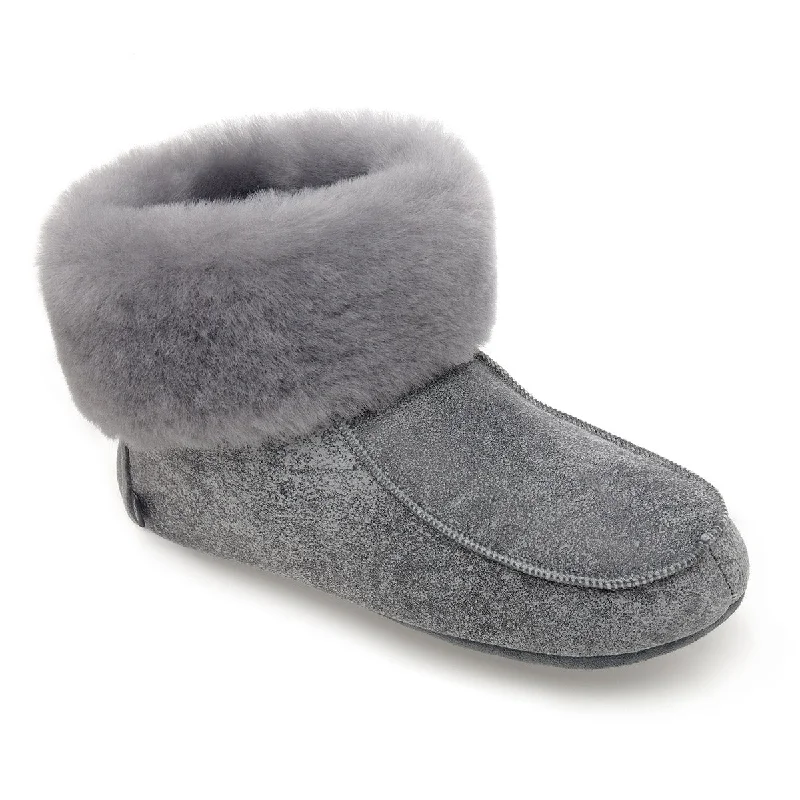 Women's Ballet Flat - Style Slippers with a Rhinestone Embellishment in Silver for a Glamorous Touch Aster Sheepskin Slippers - Grey Distressed Leather Women's Ballet Flat - Style Slippers with a Rhinestone Embellishment in Silver for a Glamorous Touch Aster Sheepskin Slippers - Grey Distressed Leather