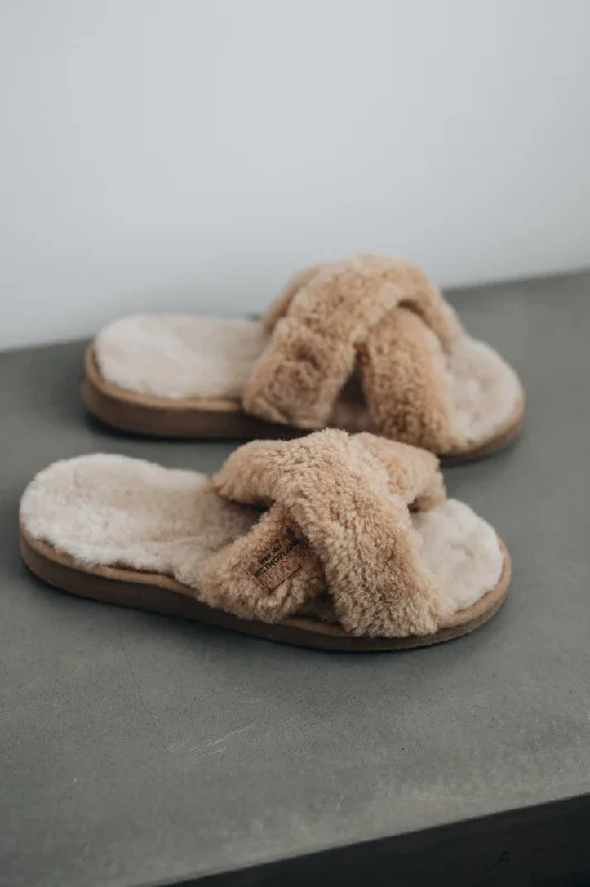 Women's Slippers with a Built - in Heel in Black for a Slightly Elevated Look Women's Sheepskin Slide Slippers - DORIS