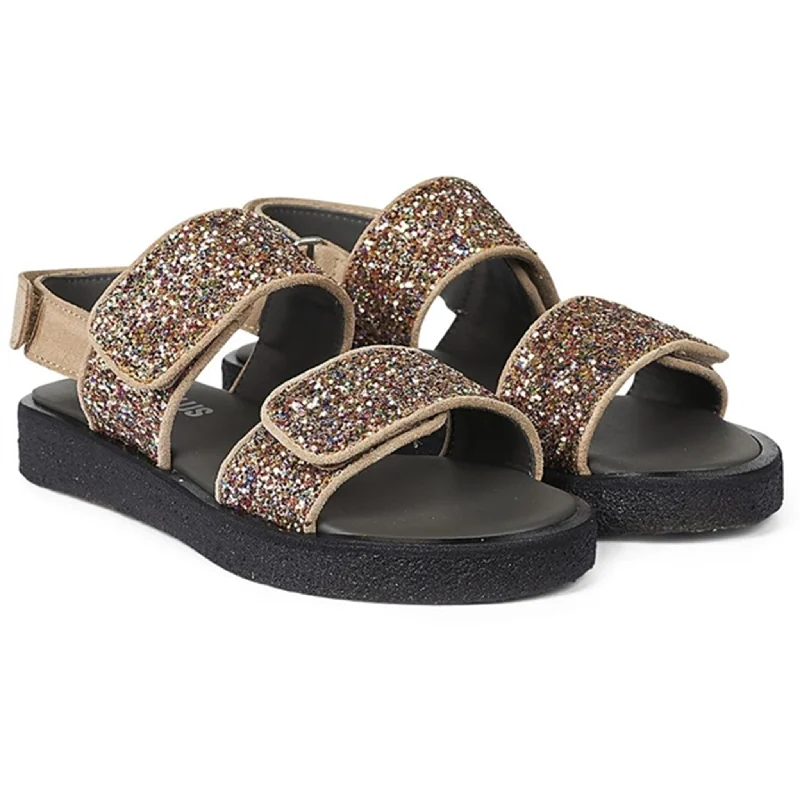 Women's Flat Slide Sandals with a Memory Foam Insole in White for All - Day ComfortAngulus Glitter Sandal W. Velcro Sand/Multi Glitter Women's Flat Slide Sandals with a Memory Foam Insole in White for All - Day ComfortAngulus Glitter Sandal W. Velcro Sand/Multi Glitter