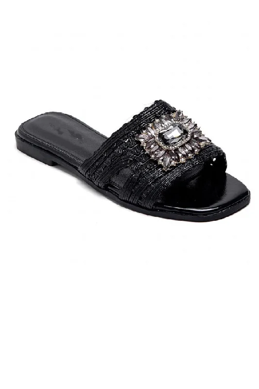 Sustainable Women's Recycled Material Sandals in Beige for Eco - Conscious ShoppersBLACK SLIP ON FLAT RHINESTONE BROOCH SUMMER SLIDER SANDALS Sustainable Women's Recycled Material Sandals in Beige for Eco - Conscious ShoppersBLACK SLIP ON FLAT RHINESTONE BROOCH SUMMER SLIDER SANDALS