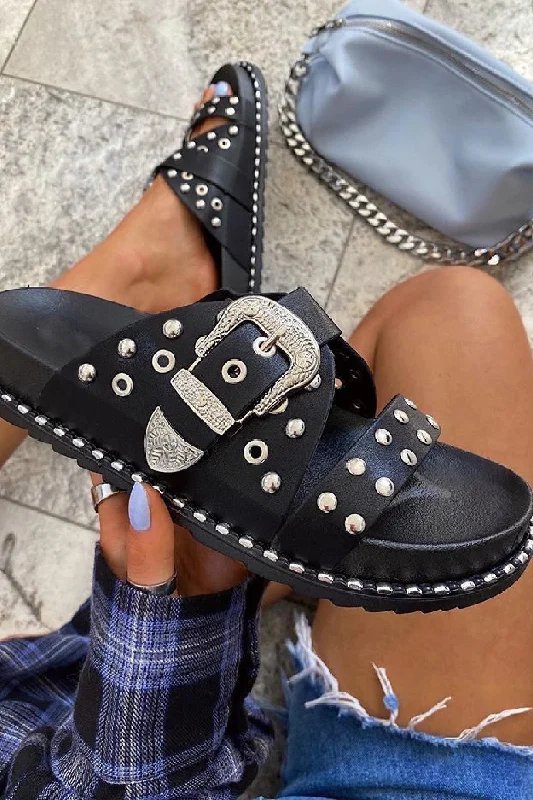 Women's Sandals with a Glitter - Coated Strap in Gold for a Sparkly Summer OutfitBLACK STUDS AND BUCKLE DETAIL SUMMER SLIDERS SANDALS Women's Sandals with a Glitter - Coated Strap in Gold for a Sparkly Summer OutfitBLACK STUDS AND BUCKLE DETAIL SUMMER SLIDERS SANDALS