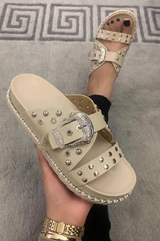Shock - Absorbing Women's Sandals with a Soft Insole in Black for Active LifestylesBEIGE STUDS AND BUCKLE DETAIL SUMMER SLIDERS SANDALS Shock - Absorbing Women's Sandals with a Soft Insole in Black for Active LifestylesBEIGE STUDS AND BUCKLE DETAIL SUMMER SLIDERS SANDALS