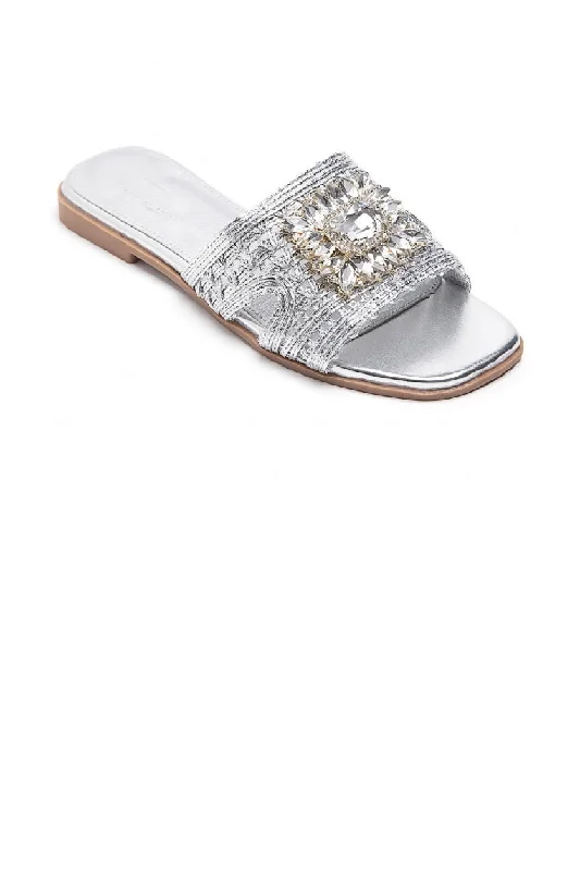Women's Flat Slide Sandals with a Memory Foam Insole in White for All - Day ComfortSILVER SLIP ON FLAT RHINESTONE BROOCH SUMMER SLIDER SANDALS Women's Flat Slide Sandals with a Memory Foam Insole in White for All - Day ComfortSILVER SLIP ON FLAT RHINESTONE BROOCH SUMMER SLIDER SANDALS