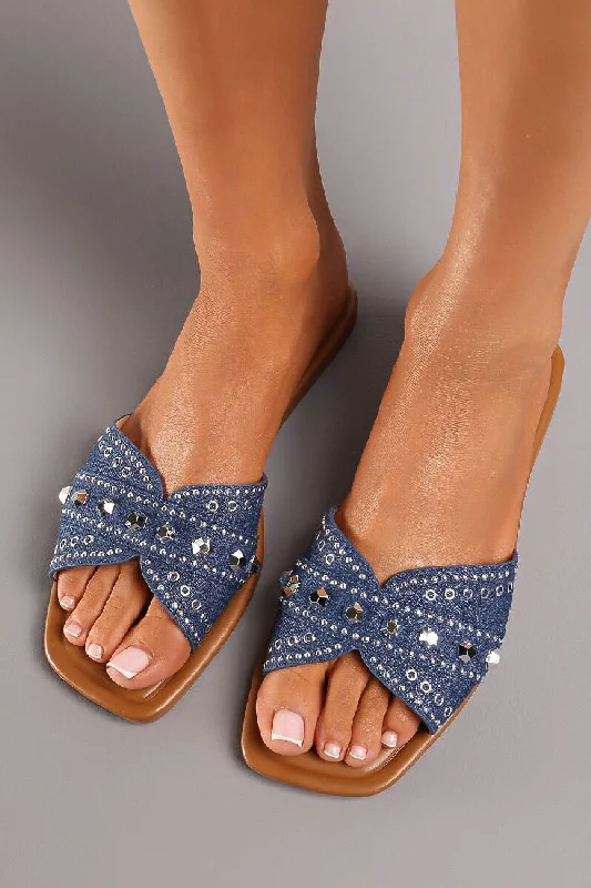 Women's Rhinestone - Embellished Open - Toe Sandals in Silver for a Glamorous Party LookDARK BLUE FLAT STUDDED SUMMER SLIDER SANDALS Women's Rhinestone - Embellished Open - Toe Sandals in Silver for a Glamorous Party LookDARK BLUE FLAT STUDDED SUMMER SLIDER SANDALS