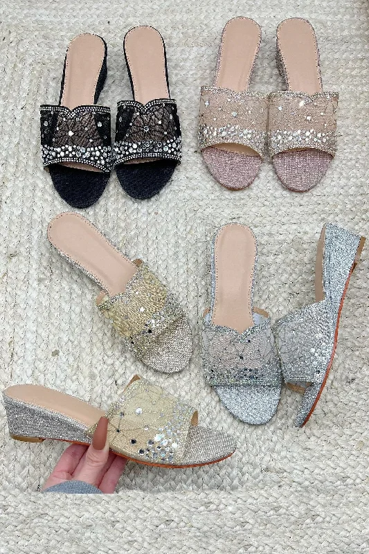 Sustainable Women's Recycled Material Sandals in Beige for Eco - Conscious ShoppersBLACK DIAMANTE MESH DETAIL LOW WEDGE MULE PARTY HEEL SANDALS Sustainable Women's Recycled Material Sandals in Beige for Eco - Conscious ShoppersBLACK DIAMANTE MESH DETAIL LOW WEDGE MULE PARTY HEEL SANDALS
