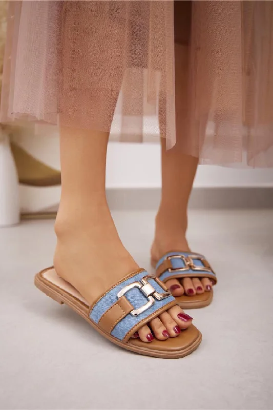 Elastic - Strap Women's Sandals with a Padded Toe in Teal for Easy On - and - OffBLUE TAN PU GOLD TRIM DETAIL FLAT SUMMER SLIDER SANDALS Elastic - Strap Women's Sandals with a Padded Toe in Teal for Easy On - and - OffBLUE TAN PU GOLD TRIM DETAIL FLAT SUMMER SLIDER SANDALS