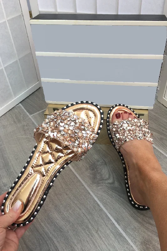 Women's Thong Sandals with a Beaded Design in Multicolor for a Beachy AestheticRose Gold Embellished Sparkly Flat Slider Sandals Women's Thong Sandals with a Beaded Design in Multicolor for a Beachy AestheticRose Gold Embellished Sparkly Flat Slider Sandals