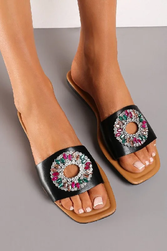 Plus Size Women's Wide - Width Platform Sandals in Black for Added Comfort and HeightBLACK FLAT DIAMANTE BROACH SUMMER SLIDERS SANDALS Plus Size Women's Wide - Width Platform Sandals in Black for Added Comfort and HeightBLACK FLAT DIAMANTE BROACH SUMMER SLIDERS SANDALS