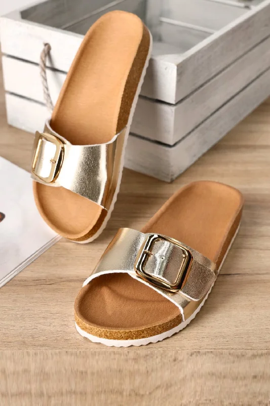 Plus Size Women's Wide - Width Platform Sandals in Black for Added Comfort and HeightGOLD OVERSIZED BUCKLE SOFT FOOTBED SANDALS