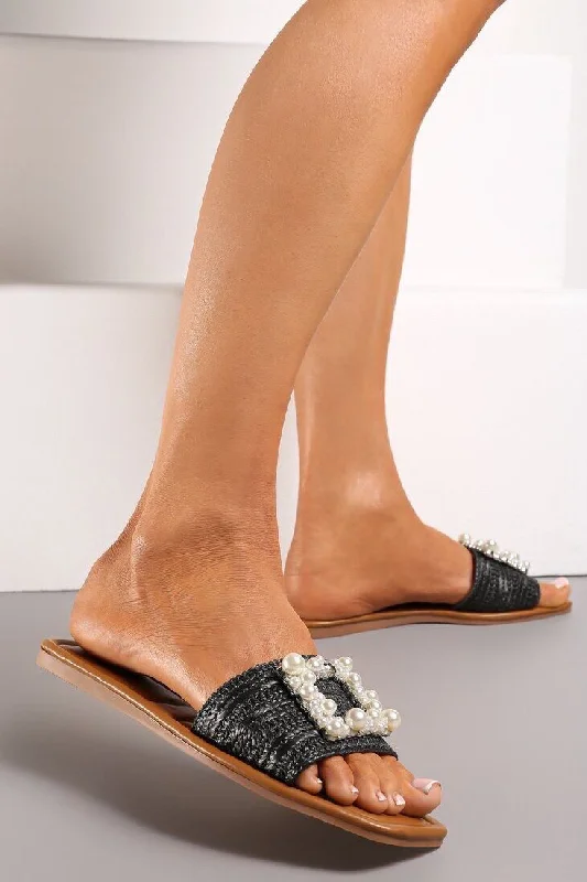 Lightweight Women's Mesh - Paneled Sandals in Yellow for BreathabilityBLACK PEARL DETAIL TRIM FLAT SUMMER SLIDERS SANDALS Lightweight Women's Mesh - Paneled Sandals in Yellow for BreathabilityBLACK PEARL DETAIL TRIM FLAT SUMMER SLIDERS SANDALS