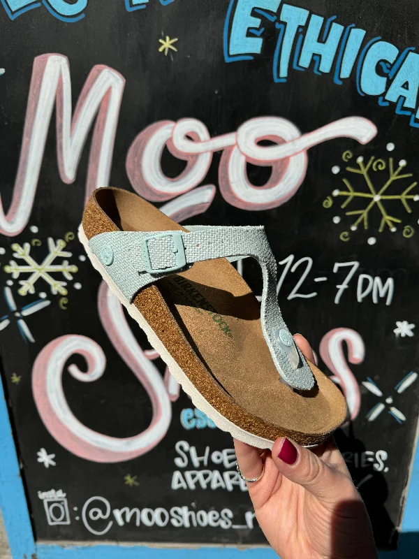 Women's Sandals with a Glitter - Coated Strap in Gold for a Sparkly Summer OutfitGizeh in Rough Surf Green from Birkenstock Women's Sandals with a Glitter - Coated Strap in Gold for a Sparkly Summer OutfitGizeh in Rough Surf Green from Birkenstock