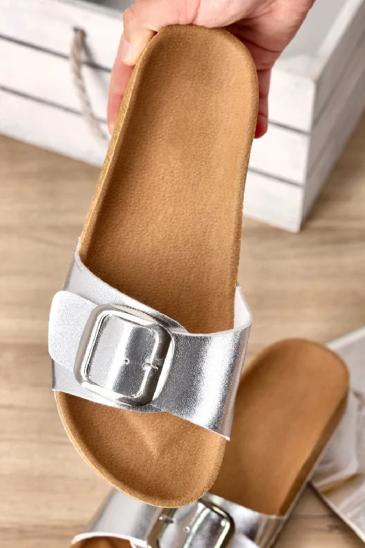 Women's Leather - Strapped Sandals with a Braided Detail in Brown for a Rustic AppealSILVER OVERSIZED BUCKLE SOFT FOOTBED SANDALS Women's Leather - Strapped Sandals with a Braided Detail in Brown for a Rustic AppealSILVER OVERSIZED BUCKLE SOFT FOOTBED SANDALS